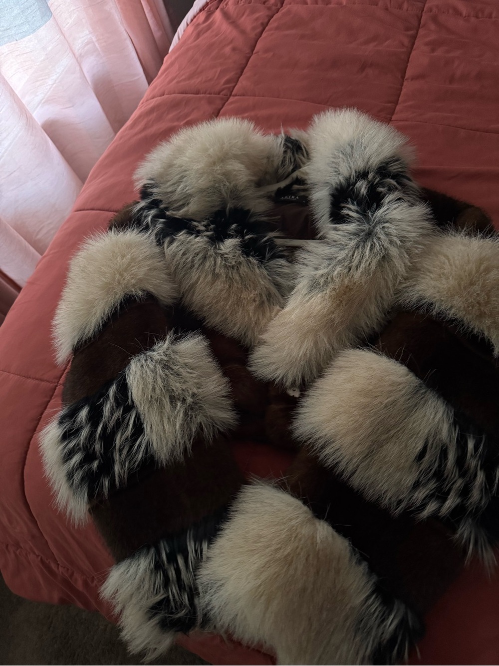 AKIRA Patchwork Faux Fur Jacket in Cream, Brown & Black